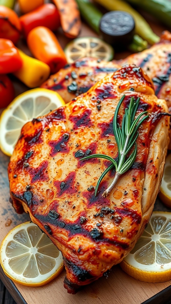 Grilled chicken breast marinated with lemon and herbs, garnished with lemon slices and rosemary on a rustic board.